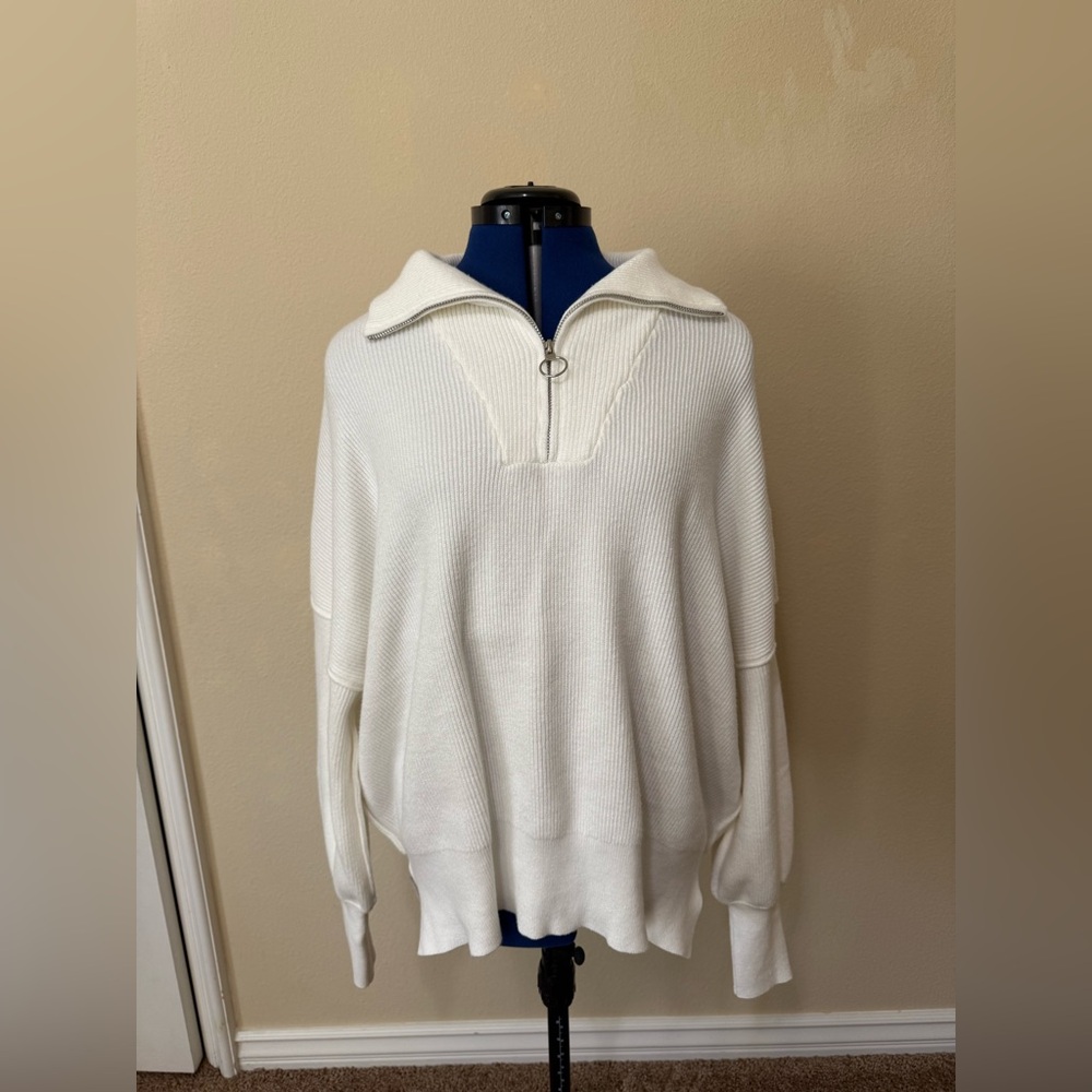 White Ribbed Quarter-zip Pullover Sweater